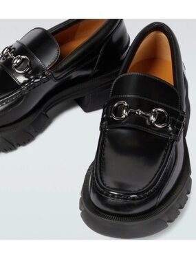 Auth GUCCI Unisex Horse-bit Lug solo black Leather Loafer